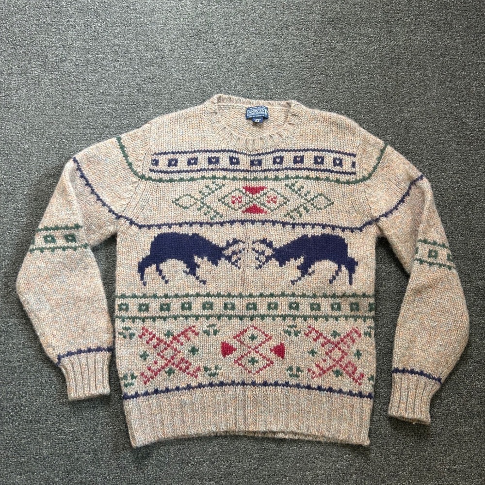 Vintage Lands End Fair Isle Deer Sweater Tan Womens Medium Shetland Wool USA
